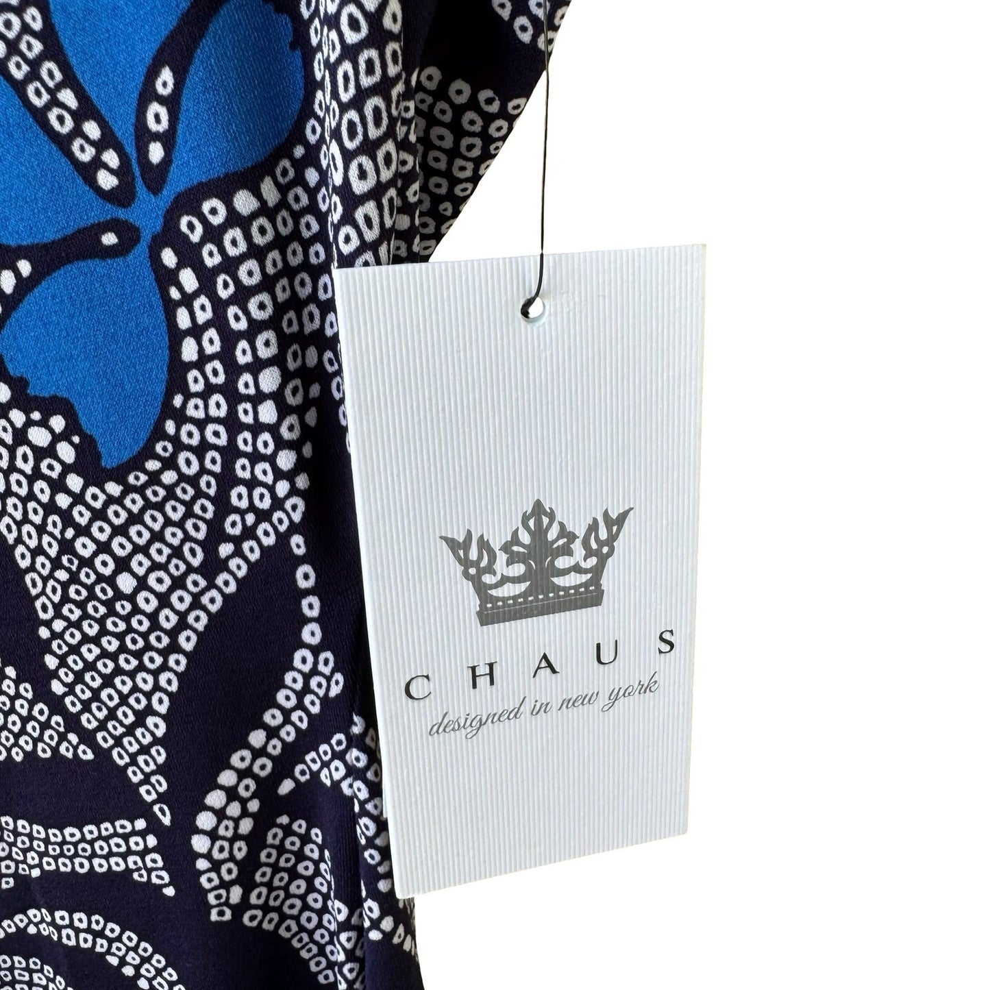 Chaus New York Batik Shibori Floral Draped Jersey Flowy Sheath Dress Navy XL NWT