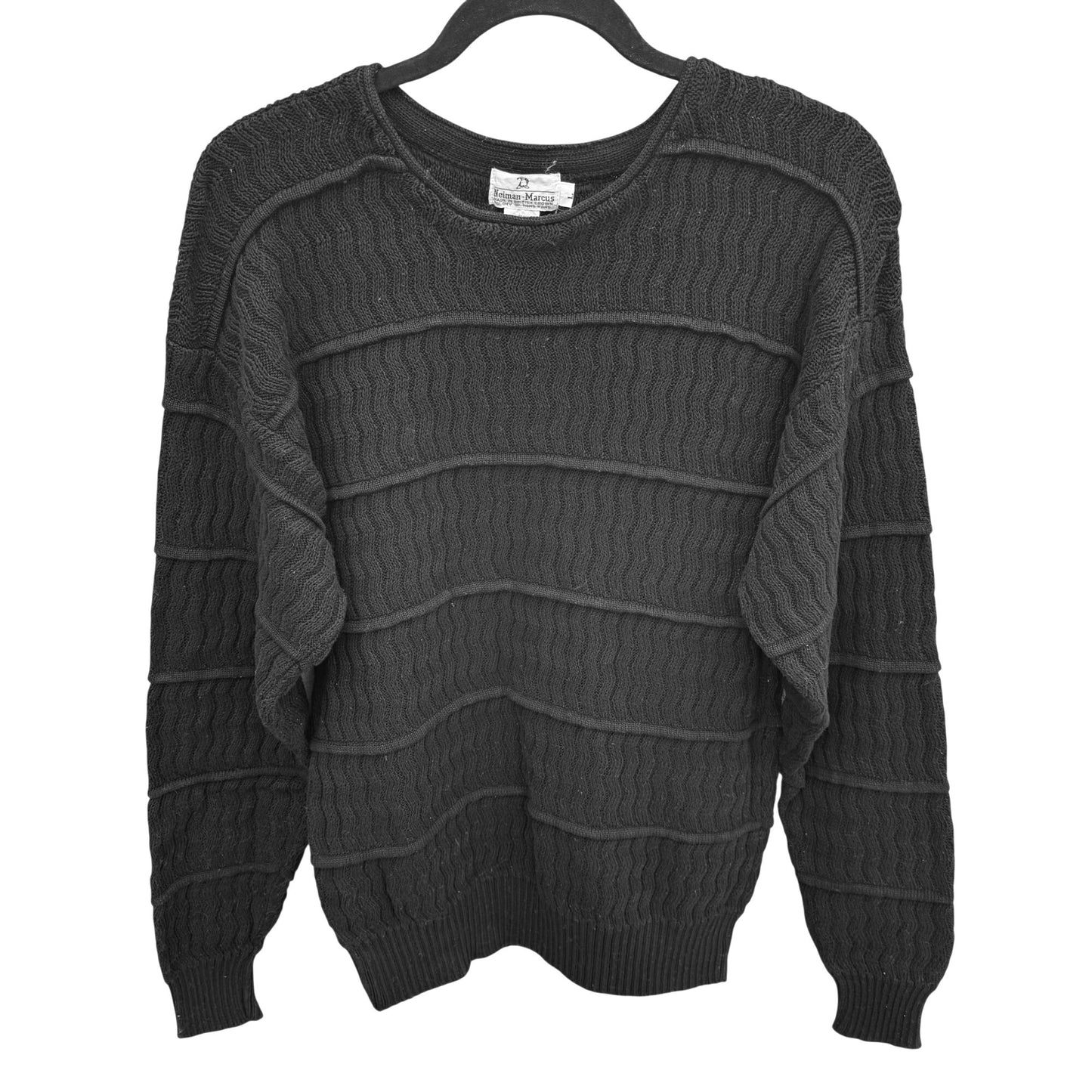 Neiman Marcus Vintage Black Mercerized Cotton Sweater Womens L Tiered Wavy Knit