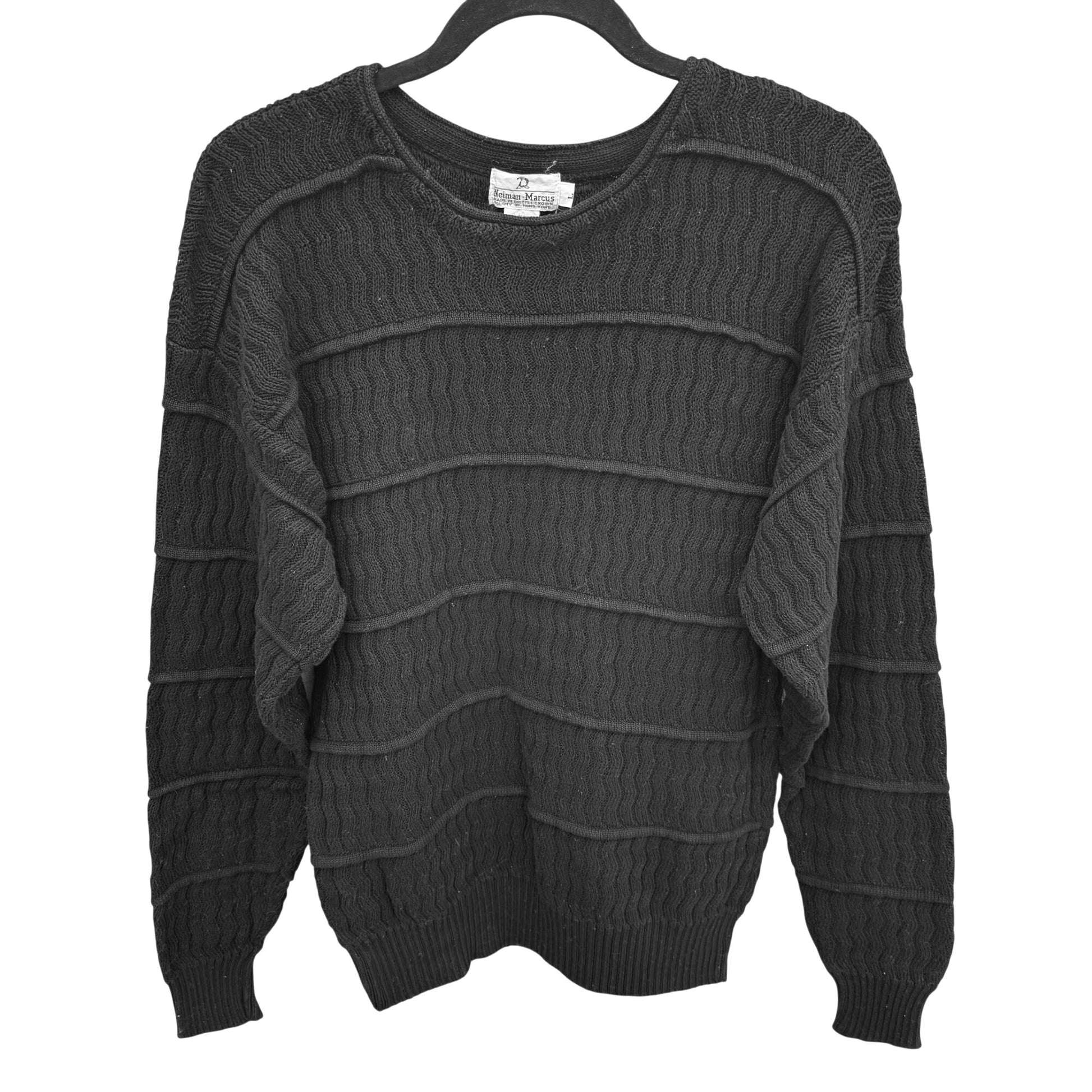 Neiman Marcus Vintage Black Mercerized Cotton Sweater Womens L Tiered Wavy Knit