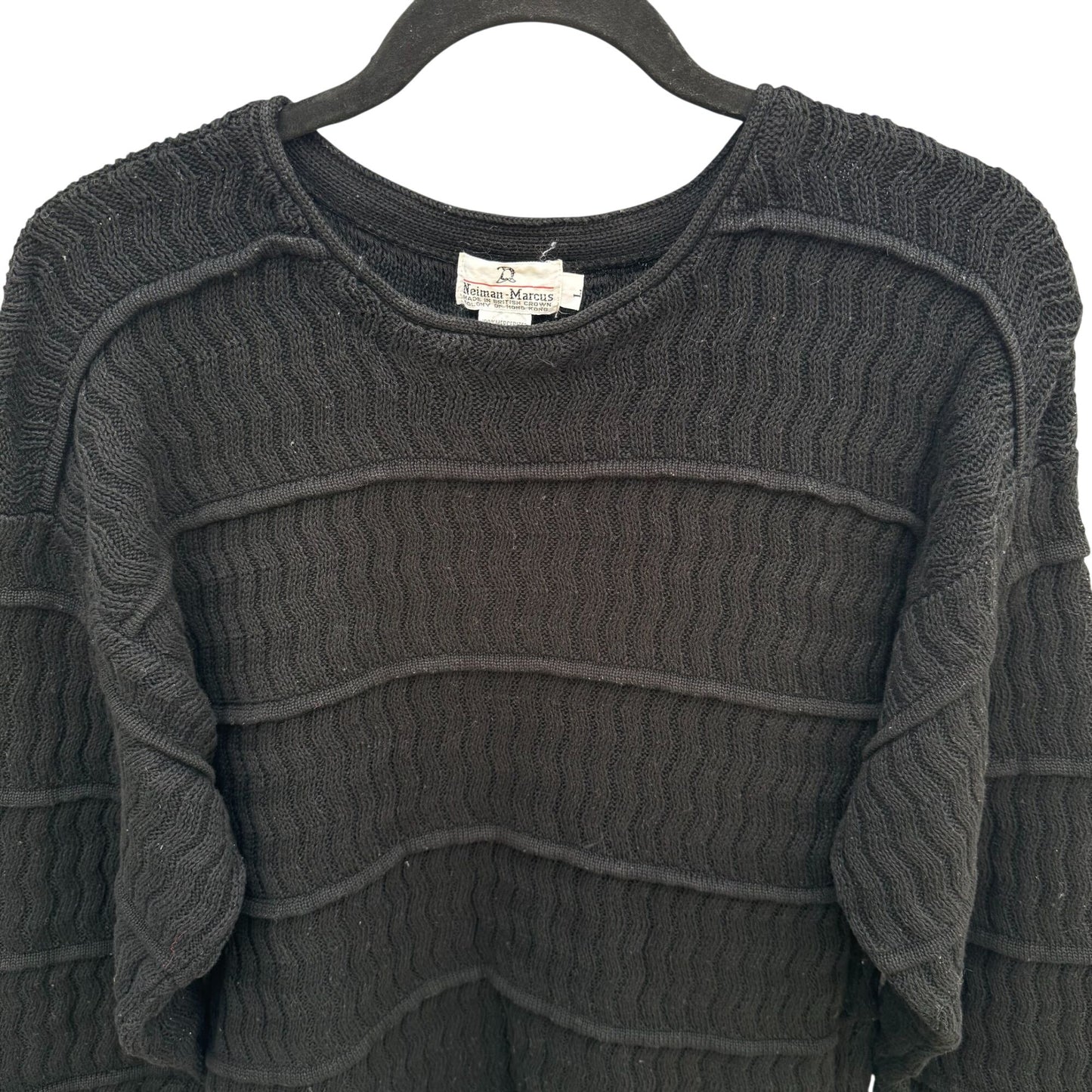 Neiman Marcus Vintage Black Mercerized Cotton Sweater Womens L Tiered Wavy Knit
