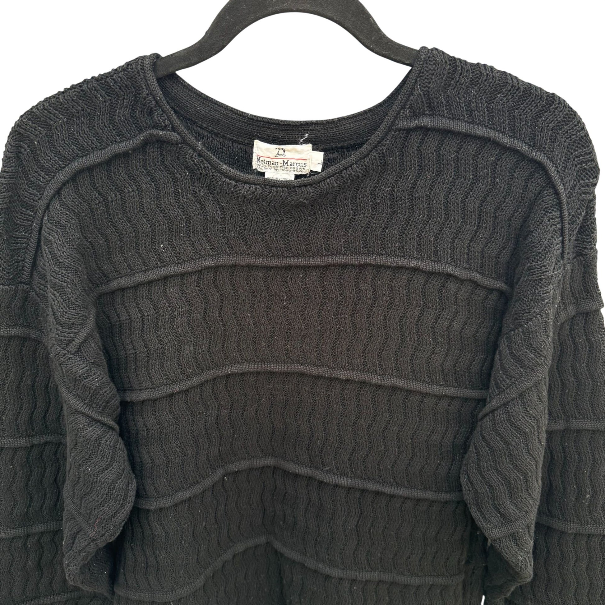 Neiman Marcus Vintage Black Mercerized Cotton Sweater Womens L Tiered Wavy Knit