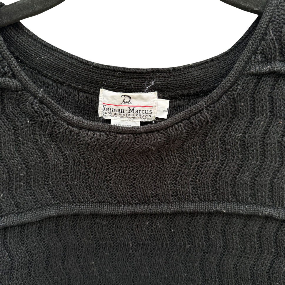 Neiman Marcus Vintage Black Mercerized Cotton Sweater Womens L Tiered Wavy Knit
