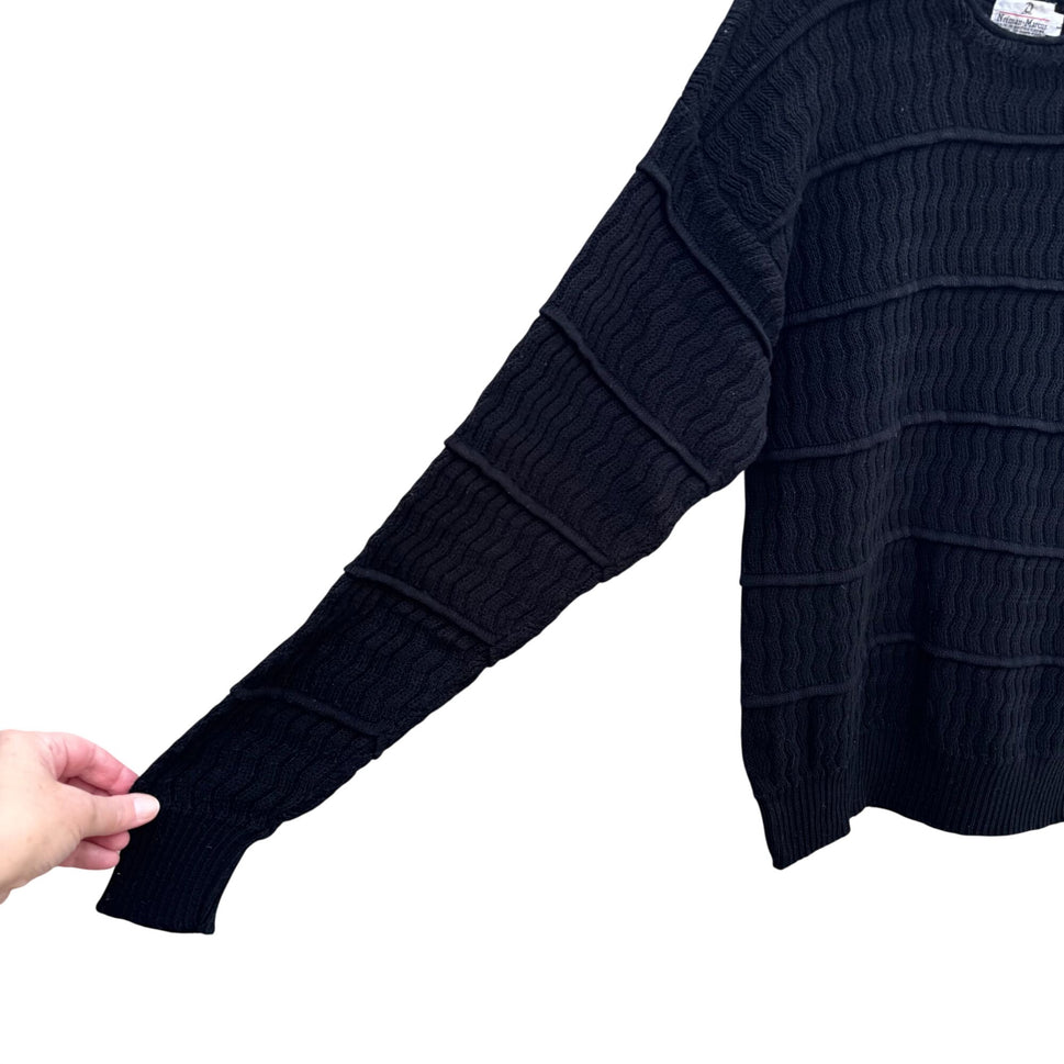 Neiman Marcus Vintage Black Mercerized Cotton Sweater Womens L Tiered Wavy Knit