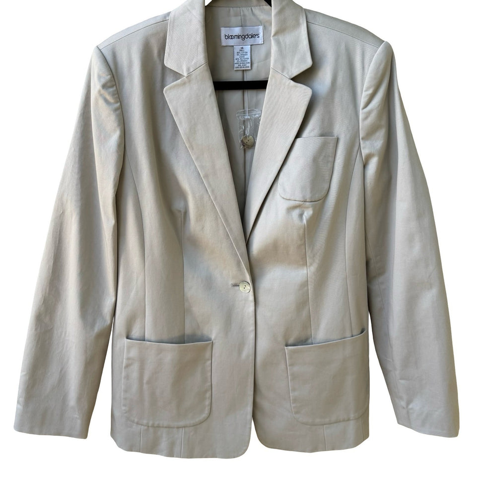 Bloomingdales Quiet Luxury Tailored Minimalist Cotton Blend Blazer Tan Womens 14