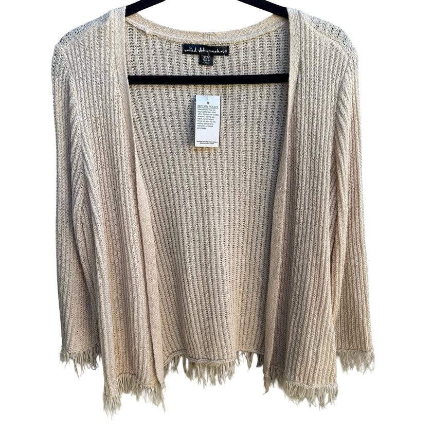 United States Sweaters Boho Coastal Minimalist Pointelle Fringe Cardigan M NWT