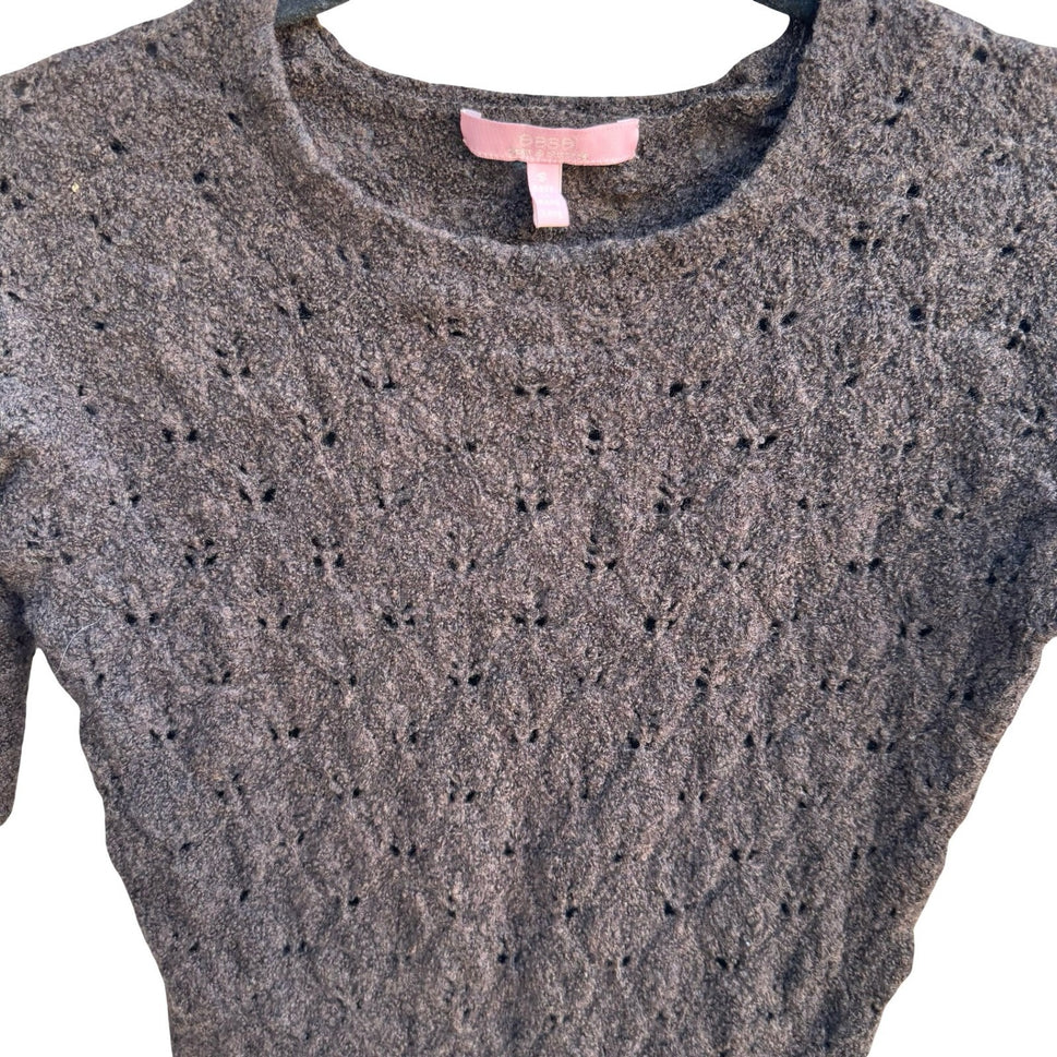 Easel Coquette Cottagecore Minimalist Wool Blend Pointelle Knit Sweater Brown S
