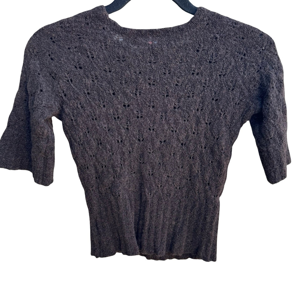 Easel Coquette Cottagecore Minimalist Wool Blend Pointelle Knit Sweater Brown S