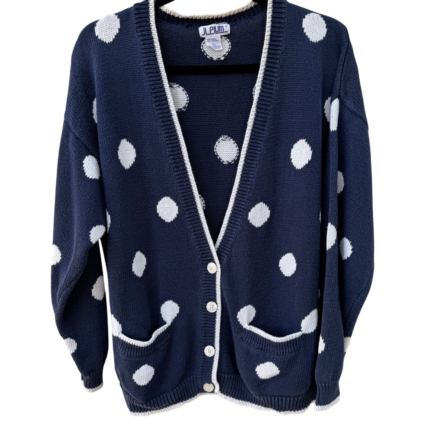 JL Plum Vintage Womens Navy V Neck Cottage Polka Dot Knit Preppy Cardigan Sweater L