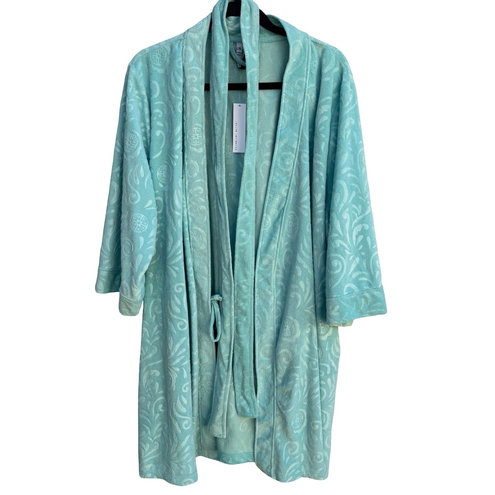 Jaclyn Intimates Aqua Blue Embossed Damask Plush Robe L/XL NEW Cozy Loungewear