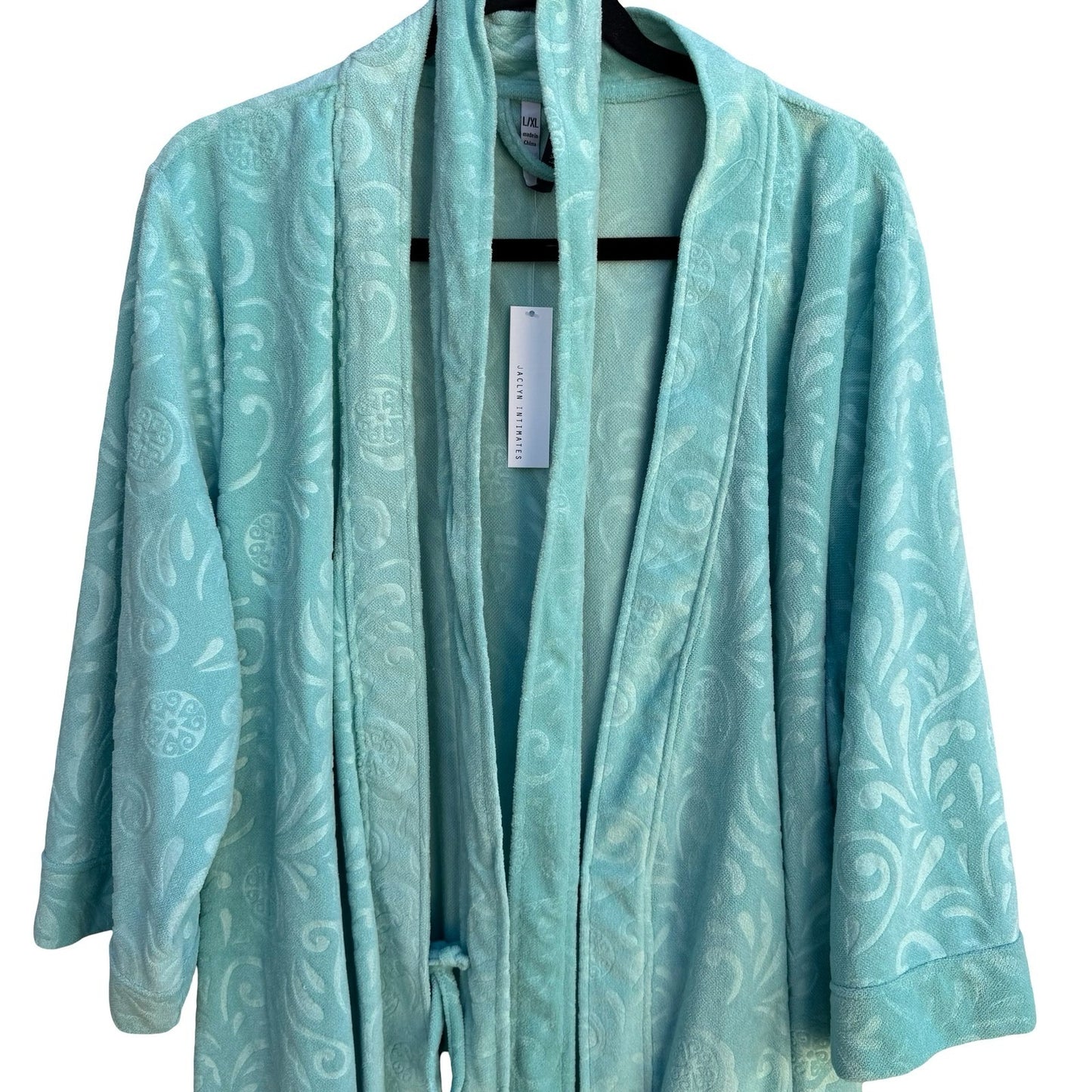 Jaclyn Intimates Aqua Blue Embossed Damask Plush Robe L/XL NEW Cozy Loungewear