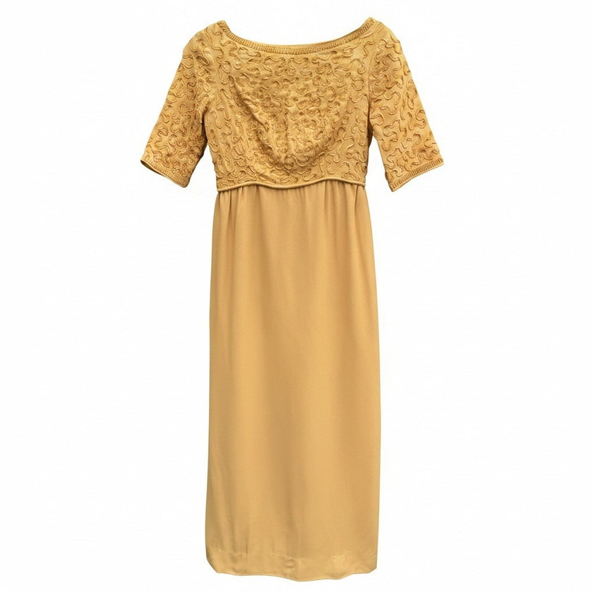Vintage 1960s Mustard Yellow Soutache Ribbon Sheath Dress Back Bow Midi 60s Mod