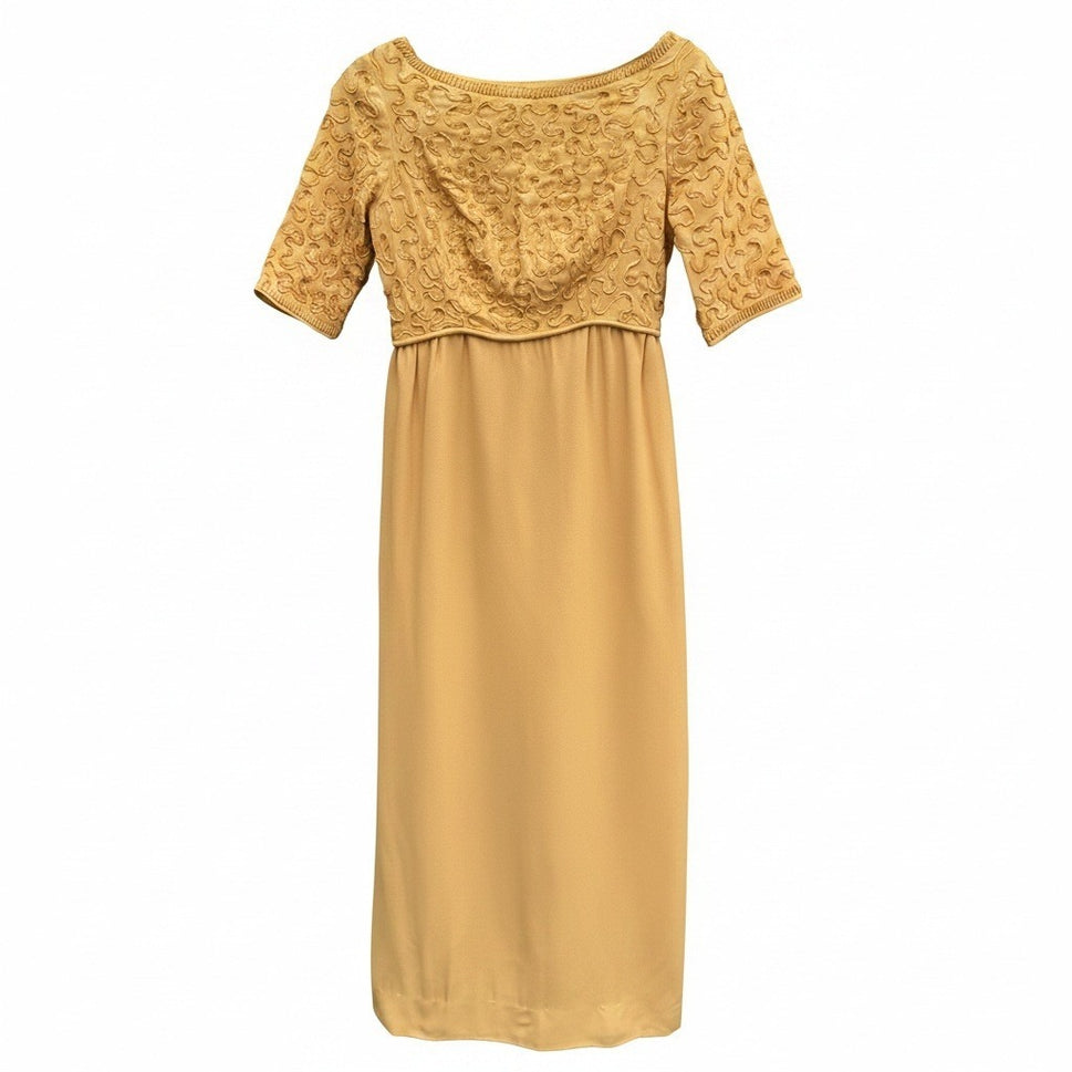 Vintage 1960s Mustard Yellow Soutache Ribbon Sheath Dress Back Bow Midi 60s Mod