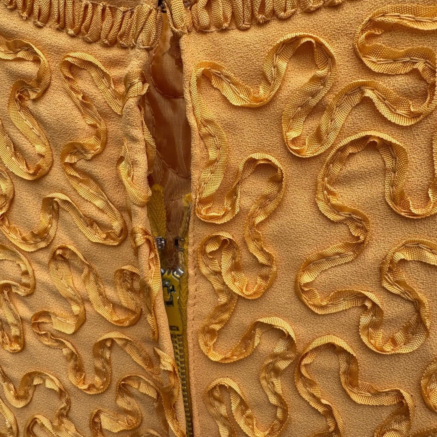 Vintage 1960s Mustard Yellow Soutache Ribbon Sheath Dress Back Bow Midi 60s Mod