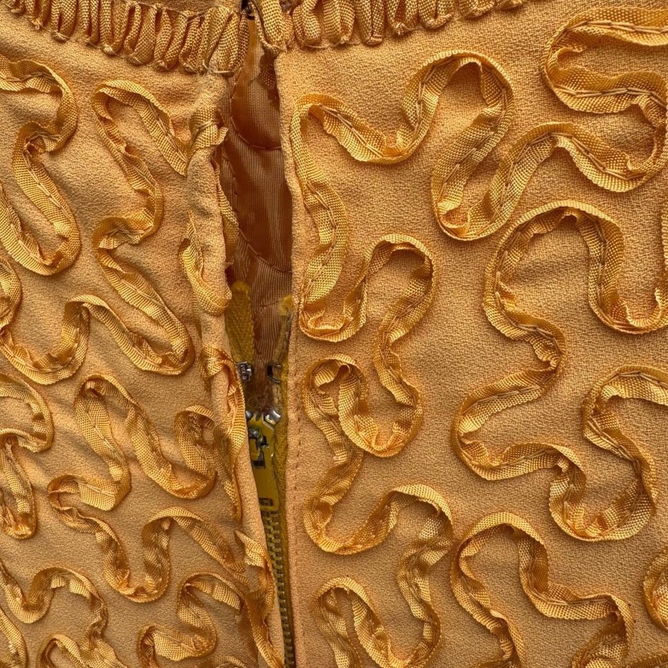 Vintage 1960s Mustard Yellow Soutache Ribbon Sheath Dress Back Bow Midi 60s Mod