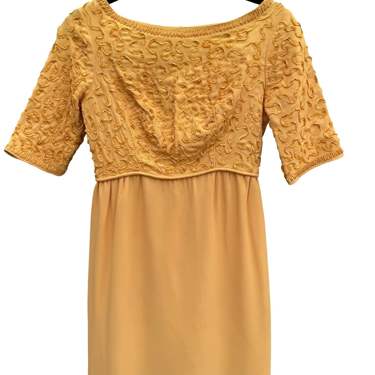 Vintage 1960s Mustard Yellow Soutache Ribbon Sheath Dress Back Bow Midi 60s Mod