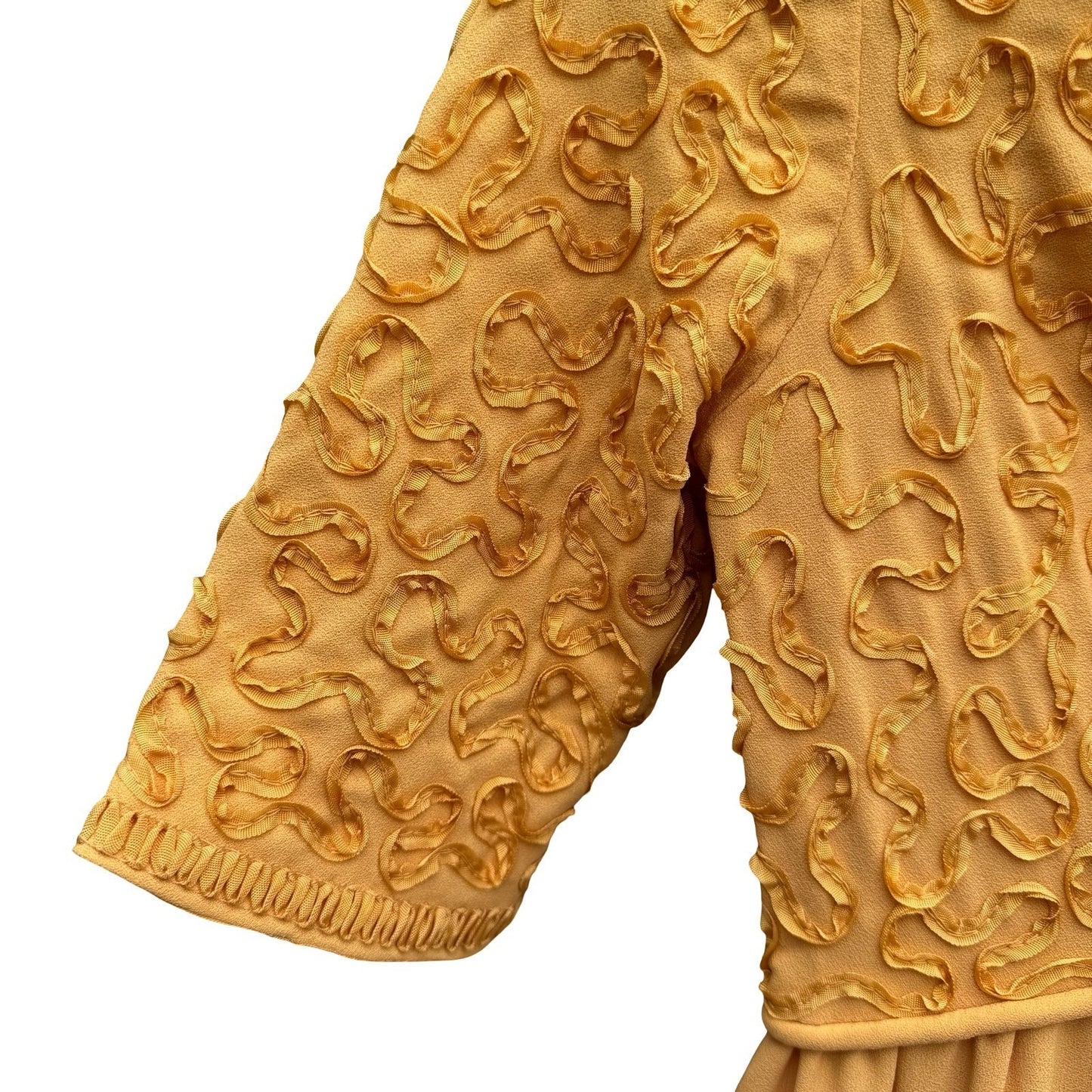 Vintage 1960s Mustard Yellow Soutache Ribbon Sheath Dress Back Bow Midi 60s Mod