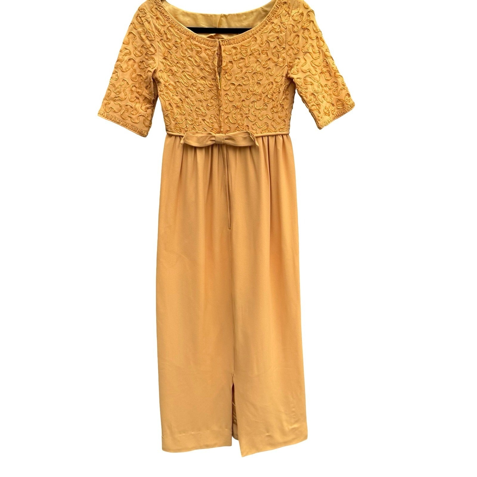 Vintage 1960s Mustard Yellow Soutache Ribbon Sheath Dress Back Bow Midi 60s Mod
