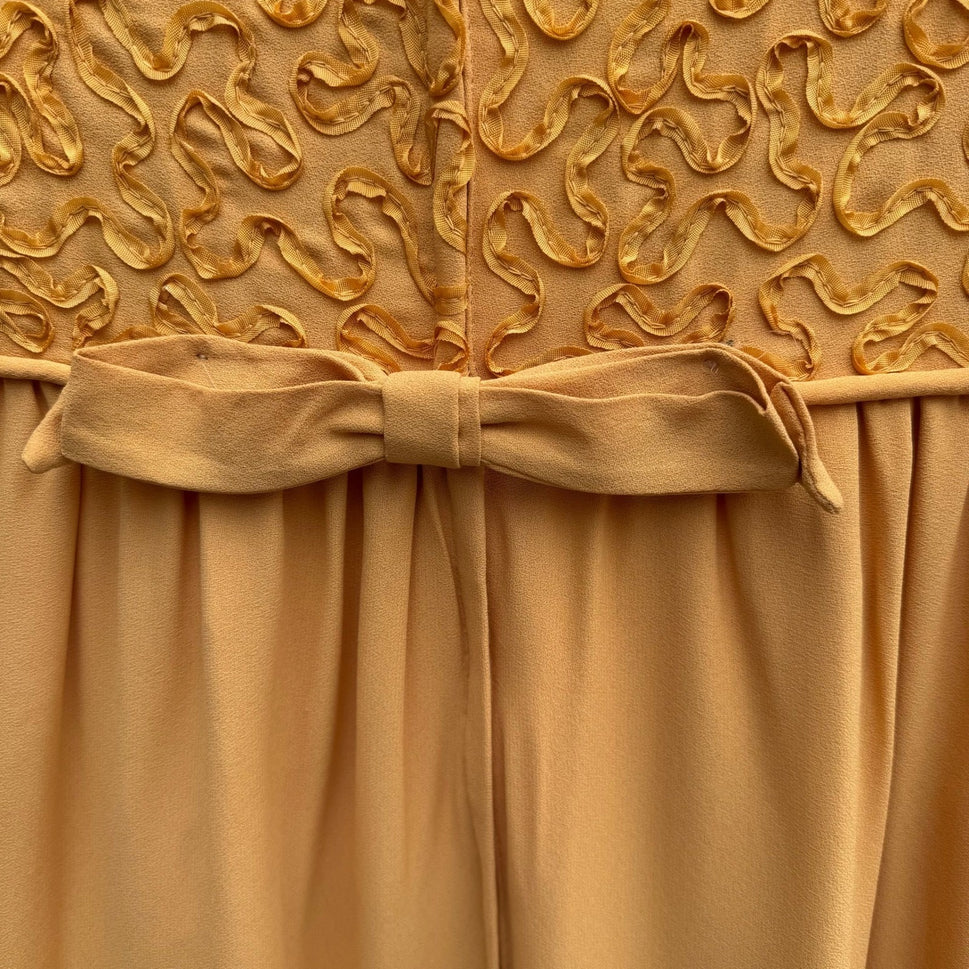 Vintage 1960s Mustard Yellow Soutache Ribbon Sheath Dress Back Bow Midi 60s Mod