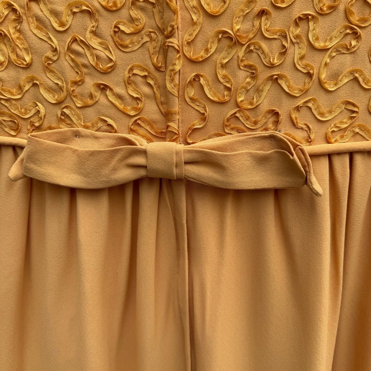 Vintage 1960s Mustard Yellow Soutache Ribbon Sheath Dress Back Bow Midi 60s Mod