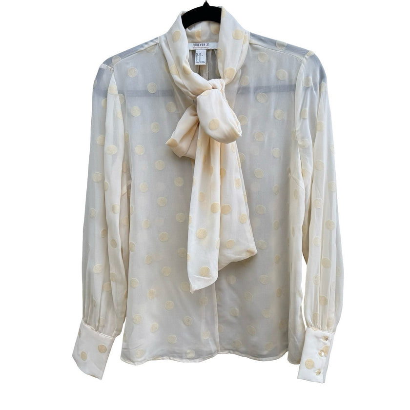 Forever 21 Contemporary Coquette Sheer Tie Neck Polka Dot Chiffon Blouse Cream M
