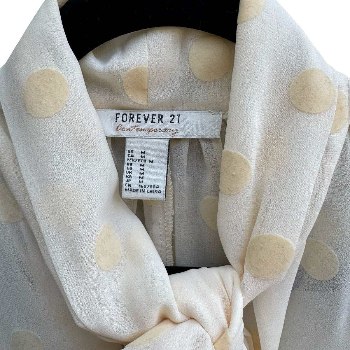 Forever 21 Contemporary Coquette Sheer Tie Neck Polka Dot Chiffon Blouse Cream M