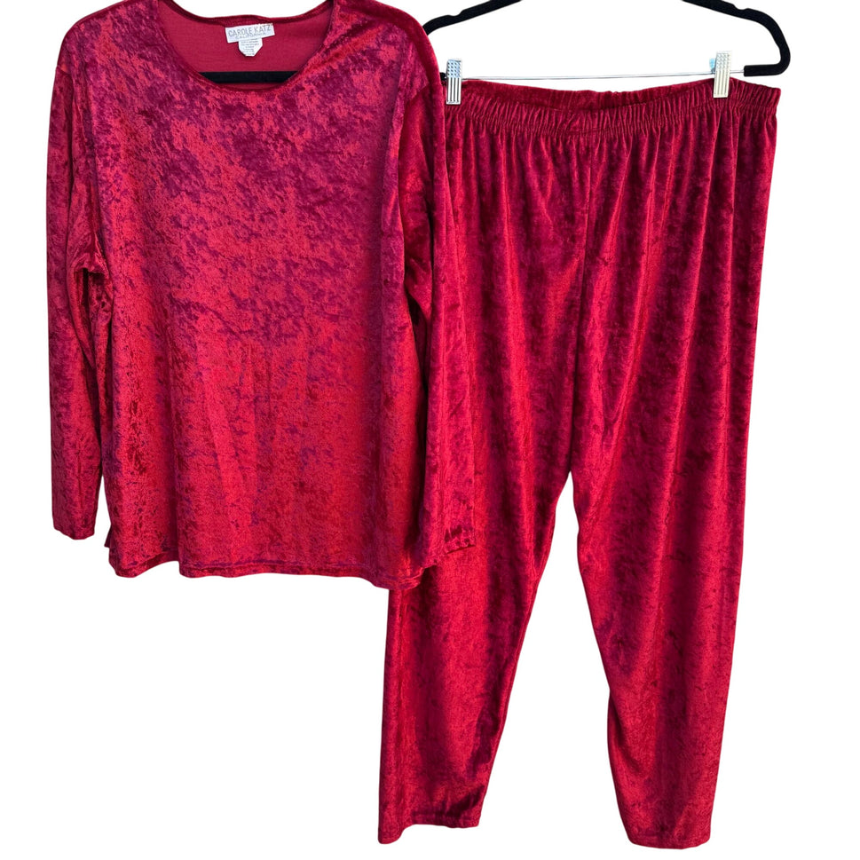 Carole Katz Vintage Red Velvet Burnout 2-Piece Stretch Lounge Top Pants Set L