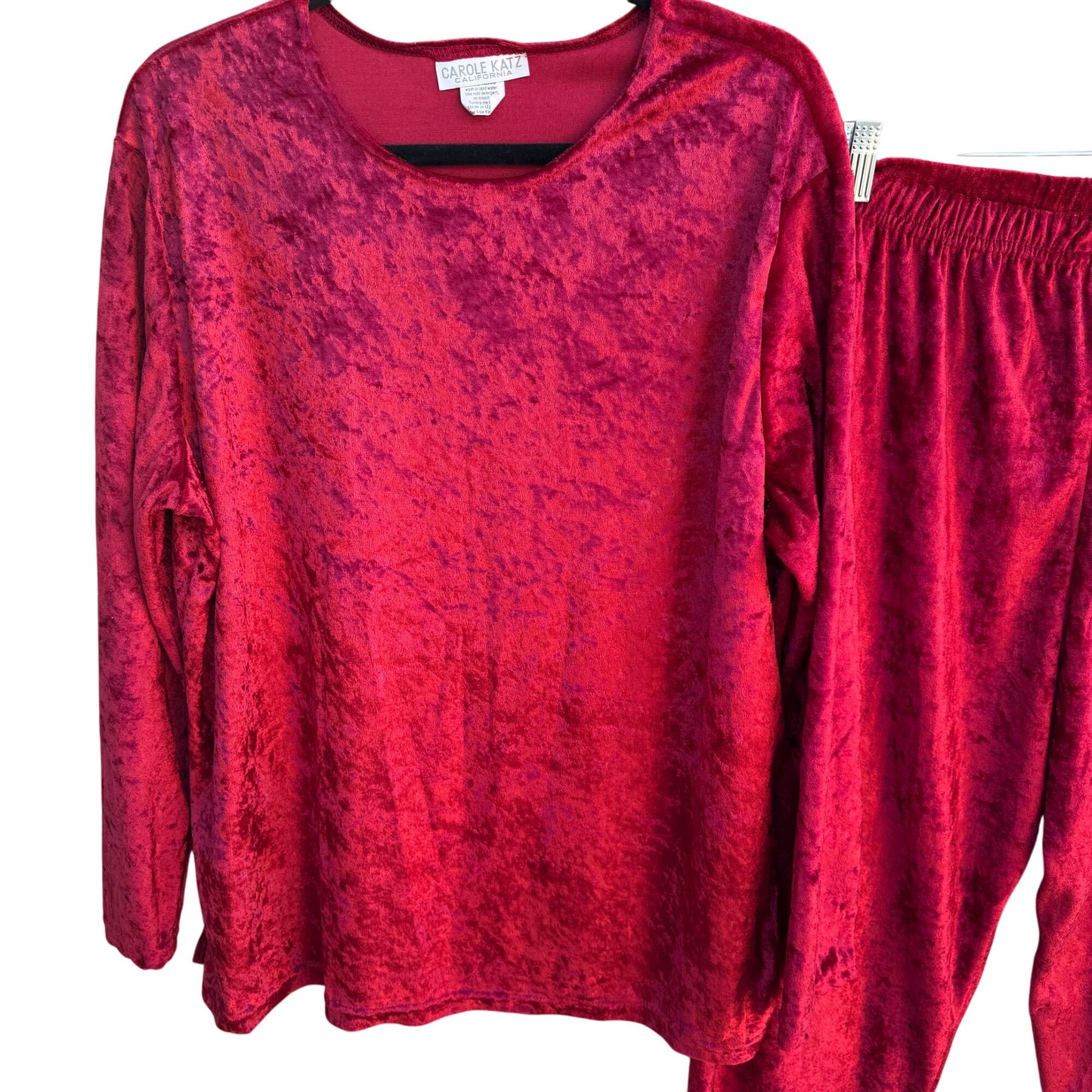 Carole Katz Vintage Red Velvet Burnout 2-Piece Stretch Lounge Top Pants Set L