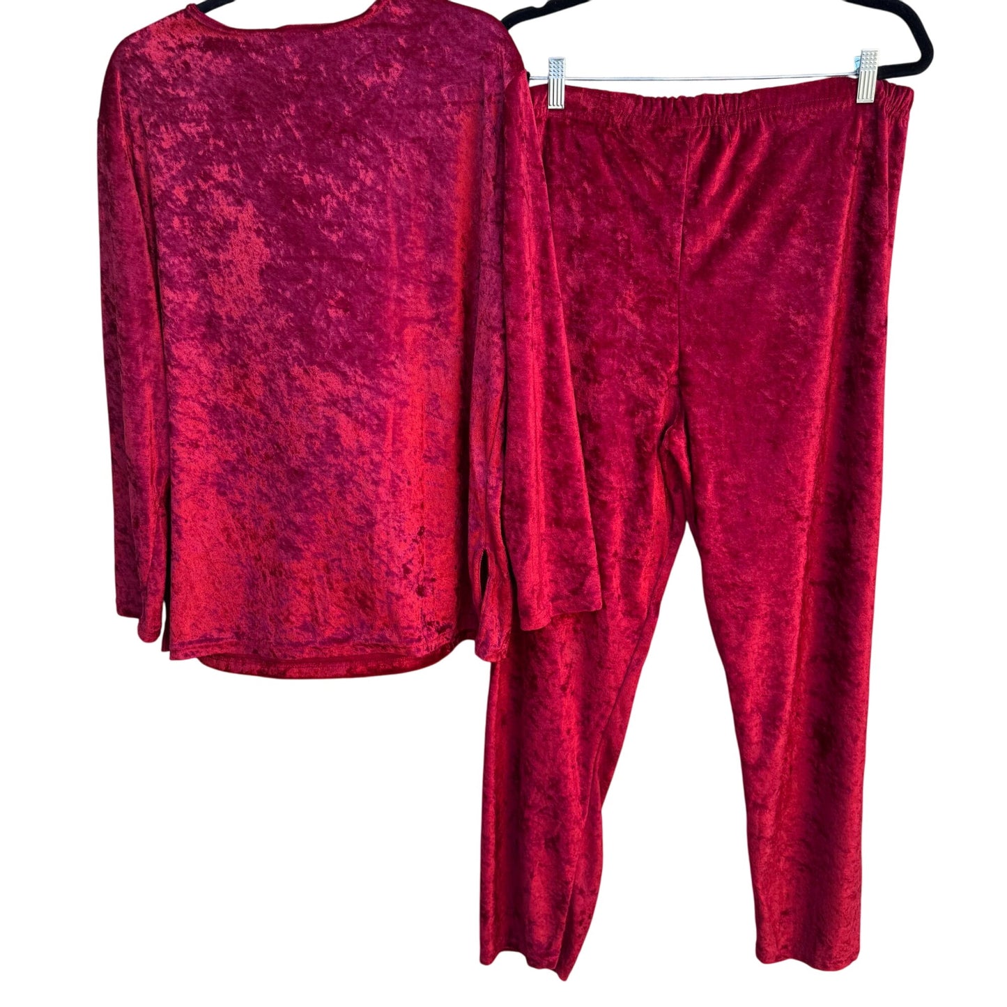 Carole Katz Vintage Red Velvet Burnout 2-Piece Stretch Lounge Top Pants Set L