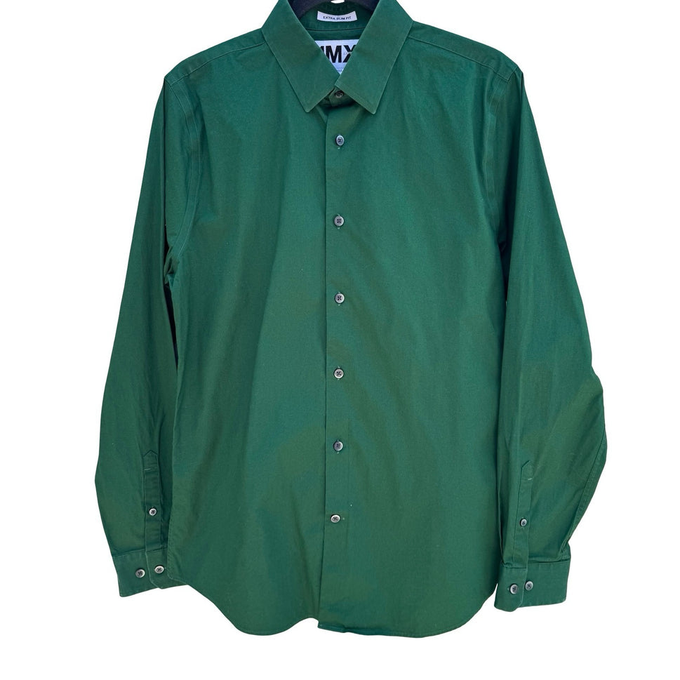 Express 1MX Extra Slim Fit Shirt Mens Medium 15-15.5 Forest Green Button Down