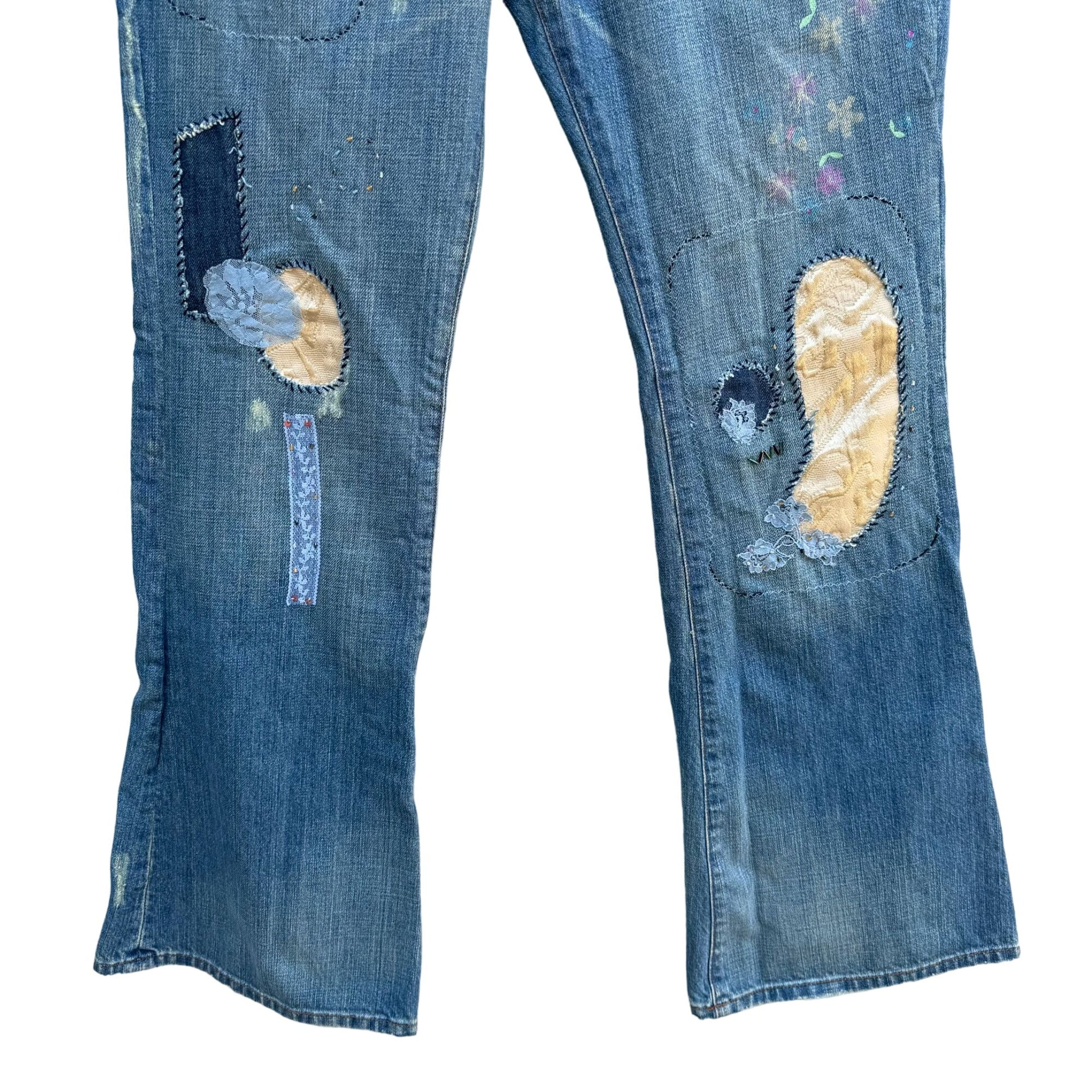 L7B By Little Big Vintage Women's Distressed Patchwork Flared Low Rise Jeans 30