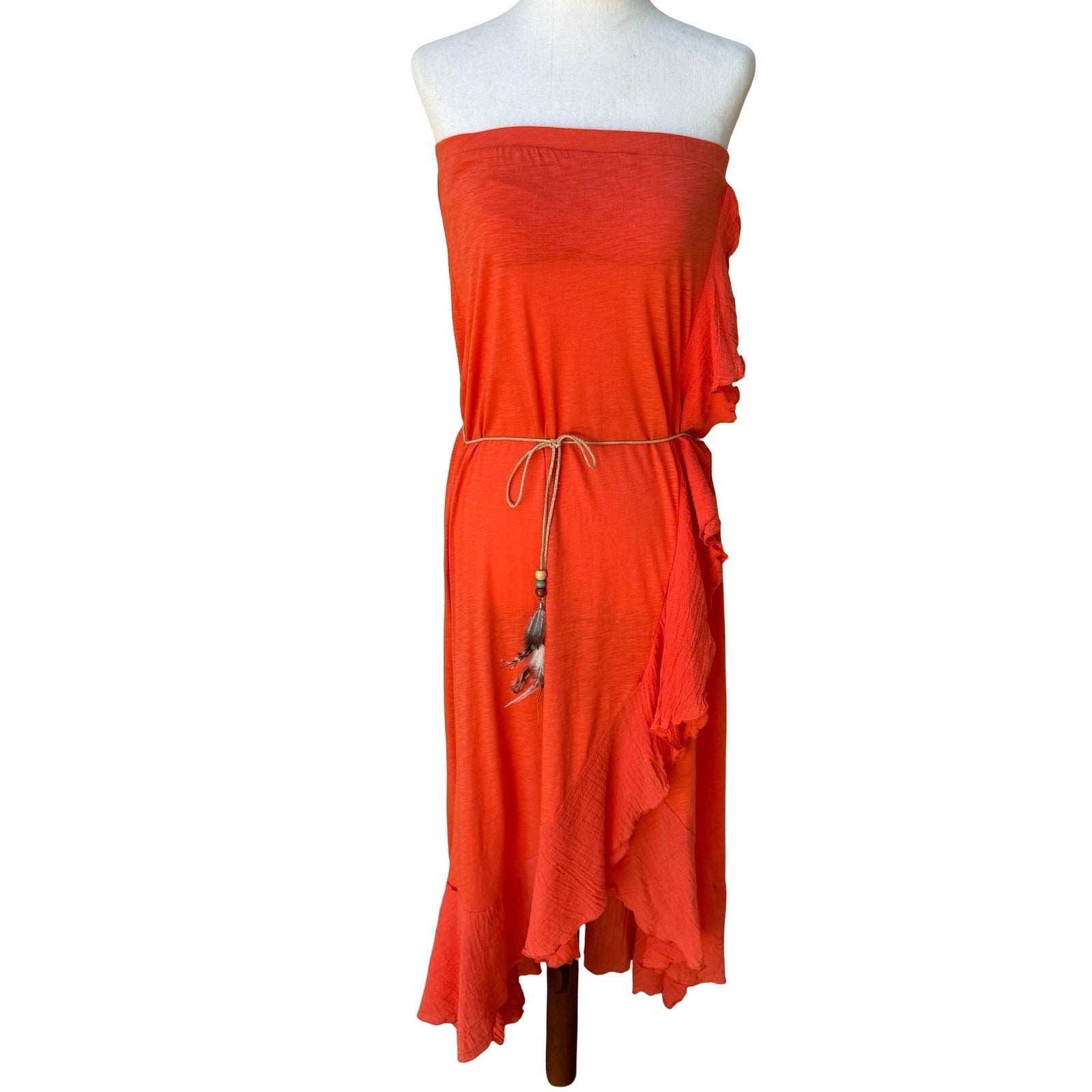 Woodleigh Y2K Boho Festival Strapless Ruffle High-Low Midi Dress Feather Belt