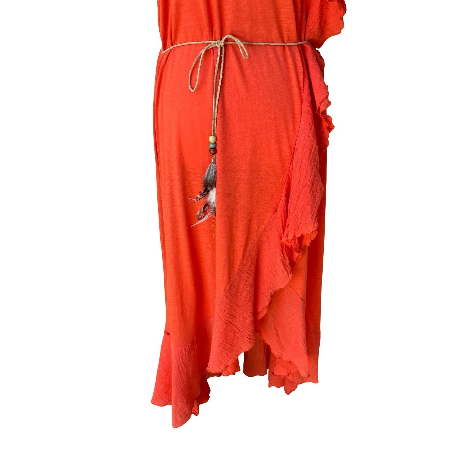 Woodleigh Y2K Boho Festival Strapless Ruffle High-Low Midi Dress Feather Belt