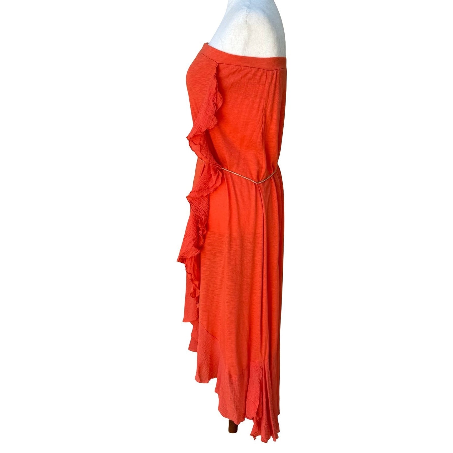 Woodleigh Y2K Boho Festival Strapless Ruffle High-Low Midi Dress Feather Belt