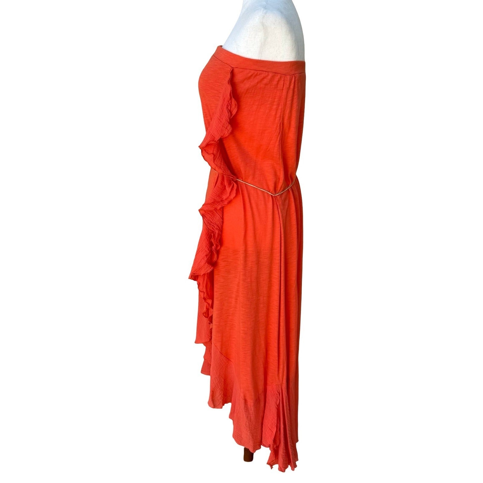 Woodleigh Y2K Boho Festival Strapless Ruffle High-Low Midi Dress Feather Belt