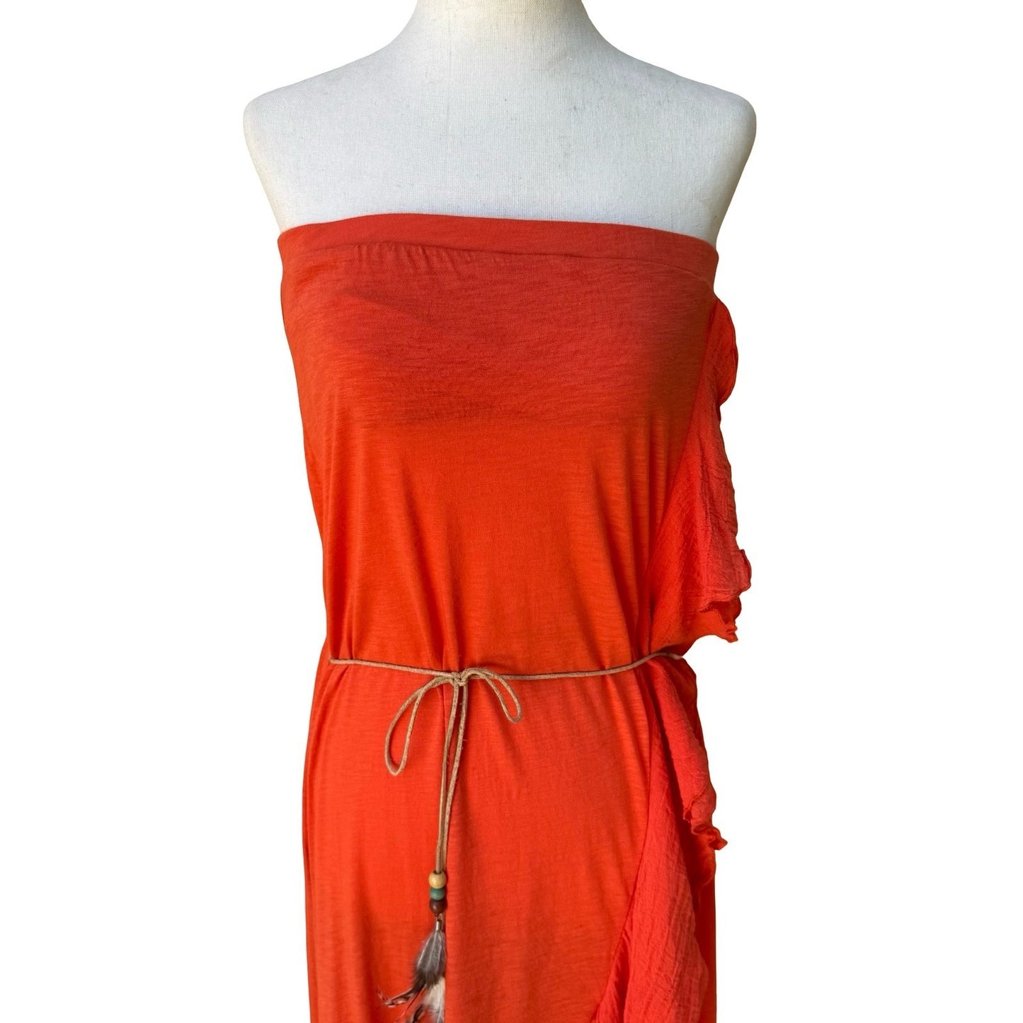 Woodleigh Y2K Boho Festival Strapless Ruffle High-Low Midi Dress Feather Belt