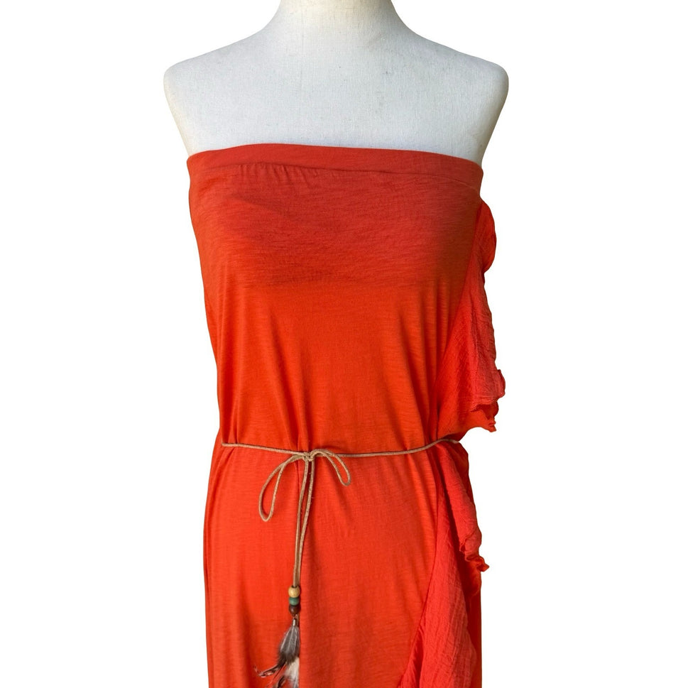 Woodleigh Y2K Boho Festival Strapless Ruffle High-Low Midi Dress Feather Belt