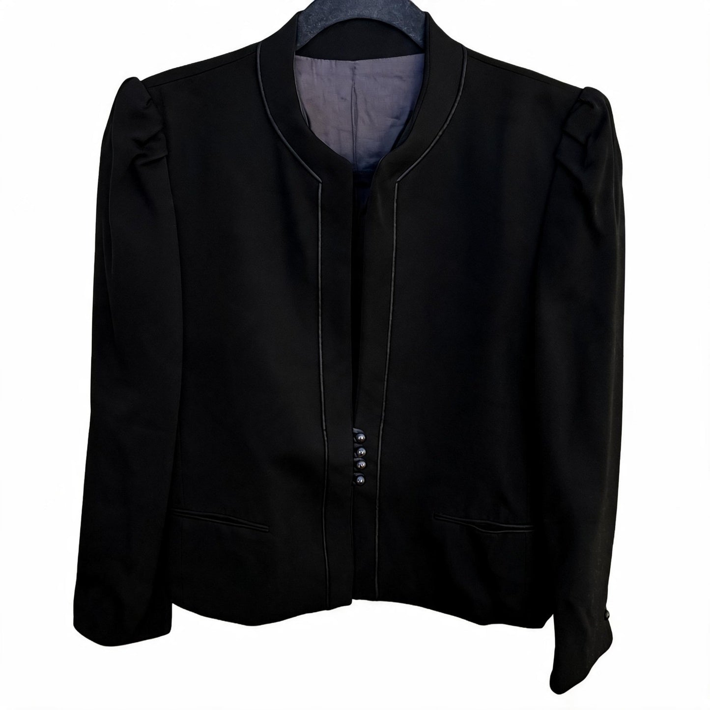 Claude Danielle Vintage 80s Black Puff Shoulder Stand Collar Open Front Blazer