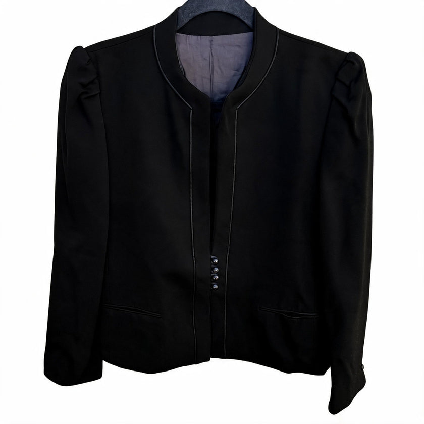 Claude Danielle Vintage 80s Black Puff Shoulder Stand Collar Open Front Blazer
