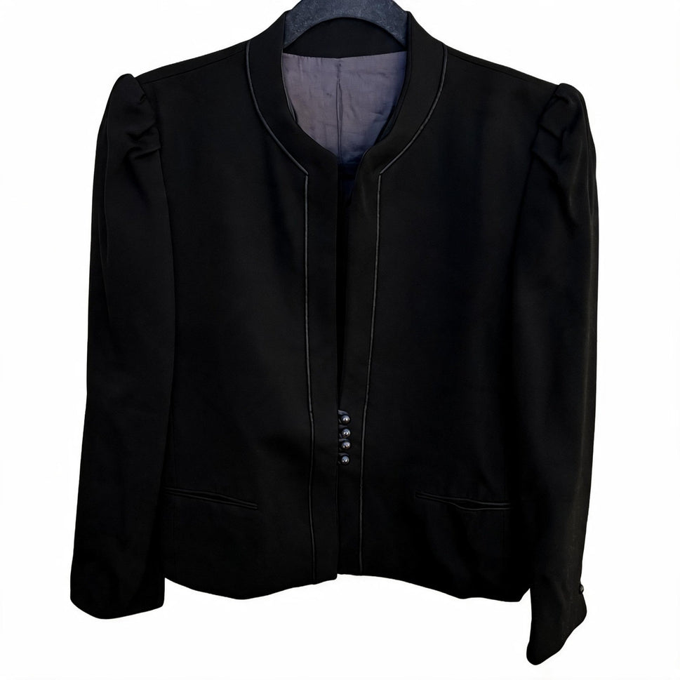 Claude Danielle Vintage 80s Black Puff Shoulder Stand Collar Open Front Blazer