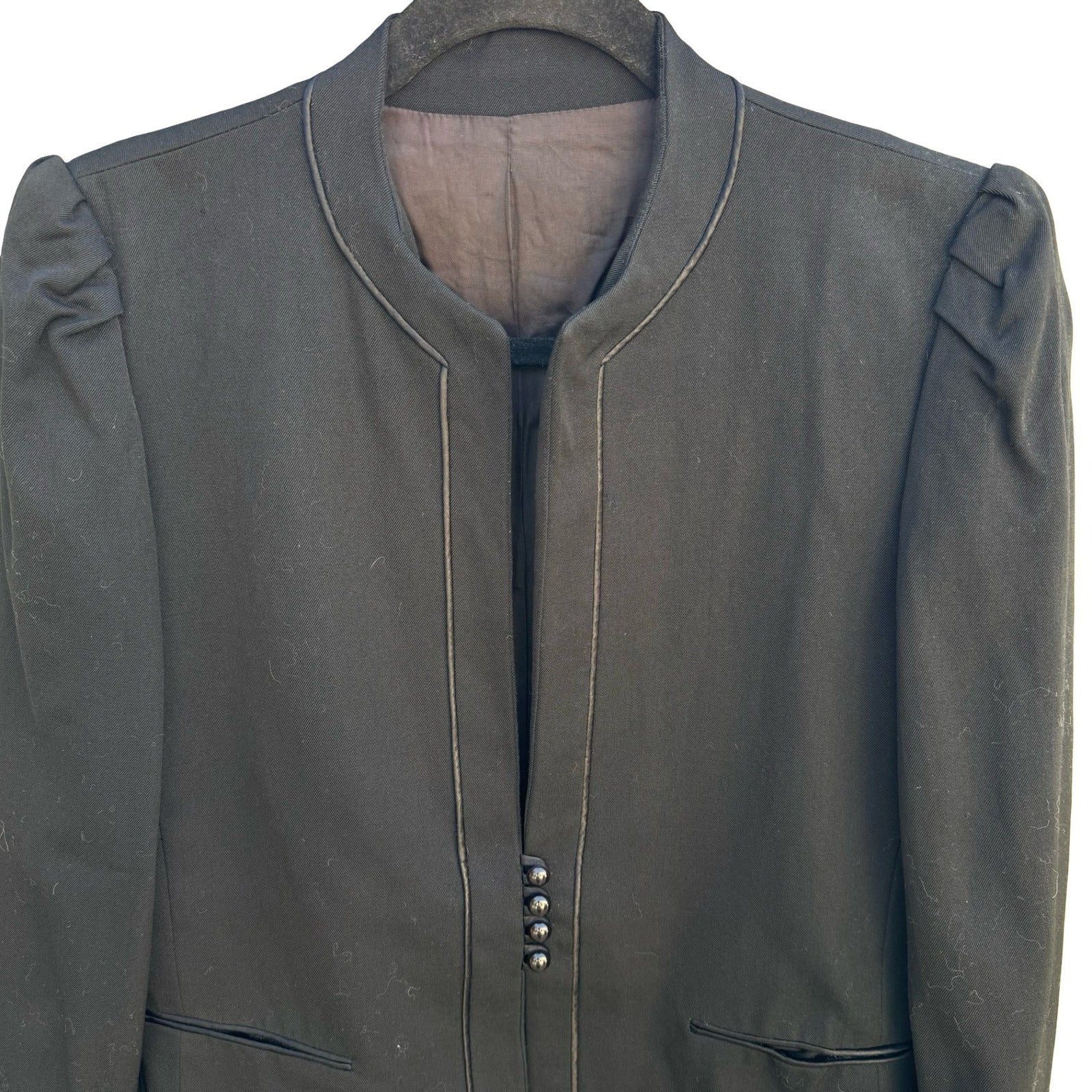 Claude Danielle Vintage 80s Black Puff Shoulder Stand Collar Open Front Blazer