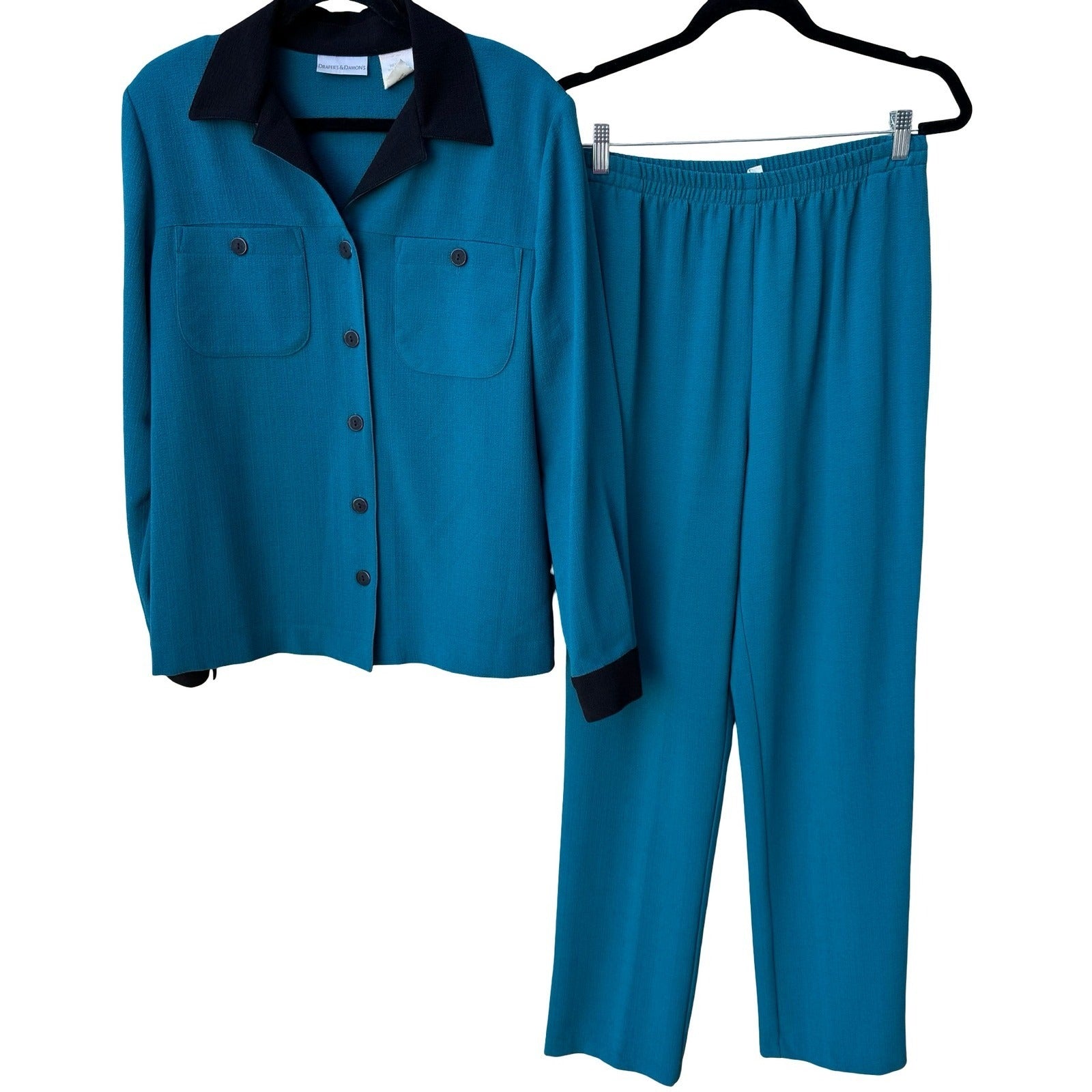 Drapers & Damons Womens Teal Blue 2 Piece Pant Set Medium Button Front Shirt