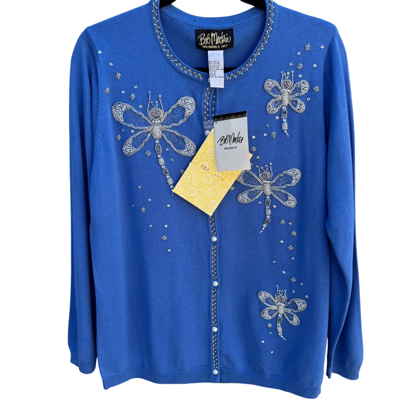 Bob Mackie Wearable Art Blue Beaded Dragonfly Design Knit Cardigan Sweater New S