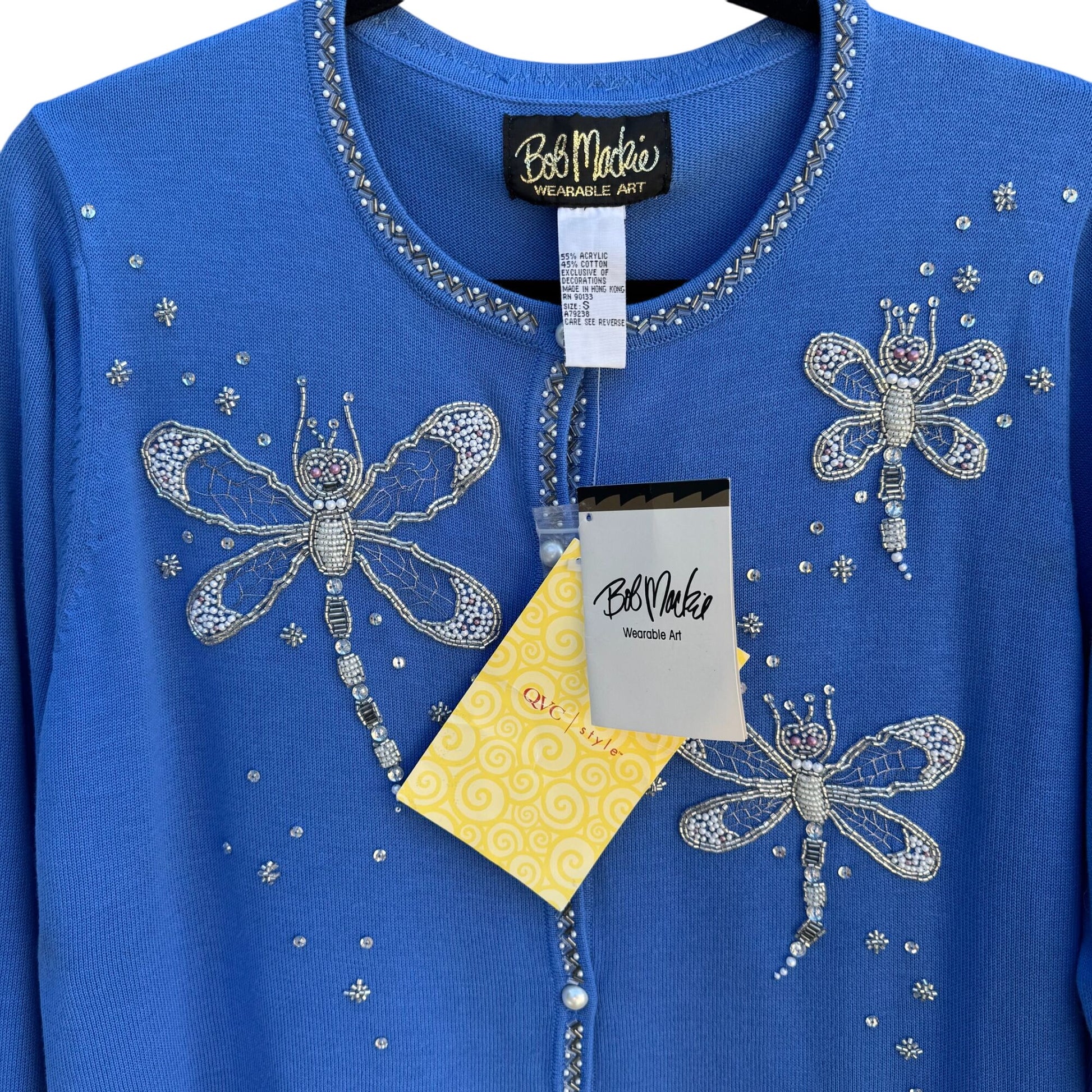 Bob Mackie Wearable Art Blue Beaded Dragonfly Design Knit Cardigan Sweater New S
