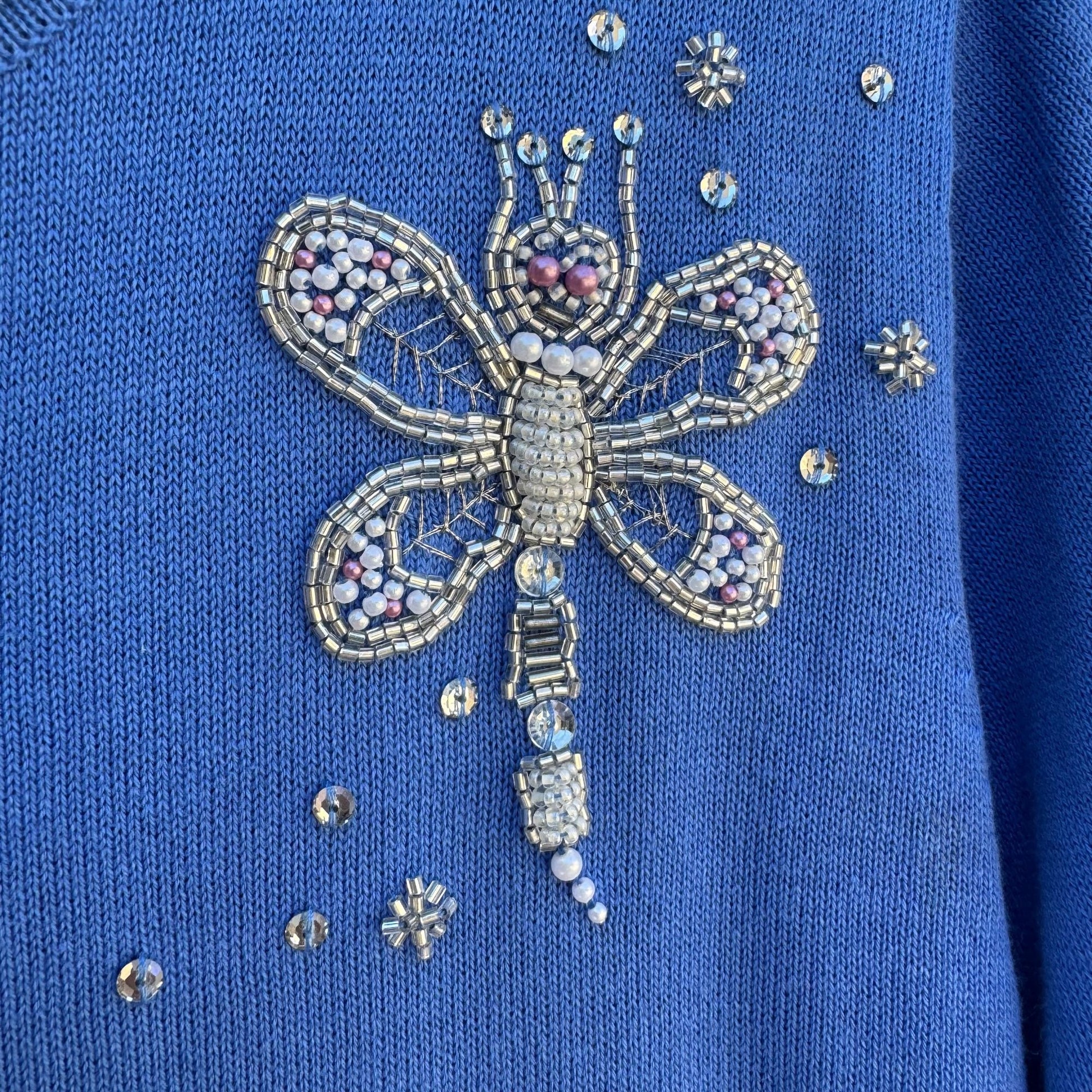 Bob Mackie Wearable Art Blue Beaded Dragonfly Design Knit Cardigan Sweater New S