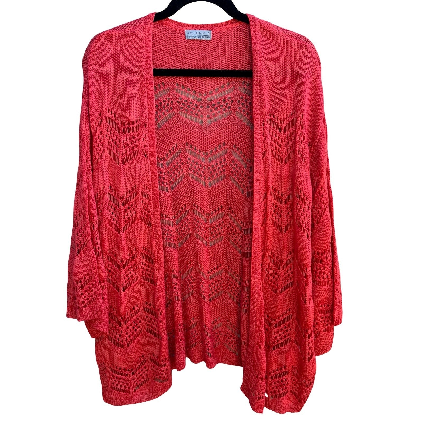 Joseph A Boho Coral Airy Crochet Chevron Open Knit Pointelle Cardigan Sweater L