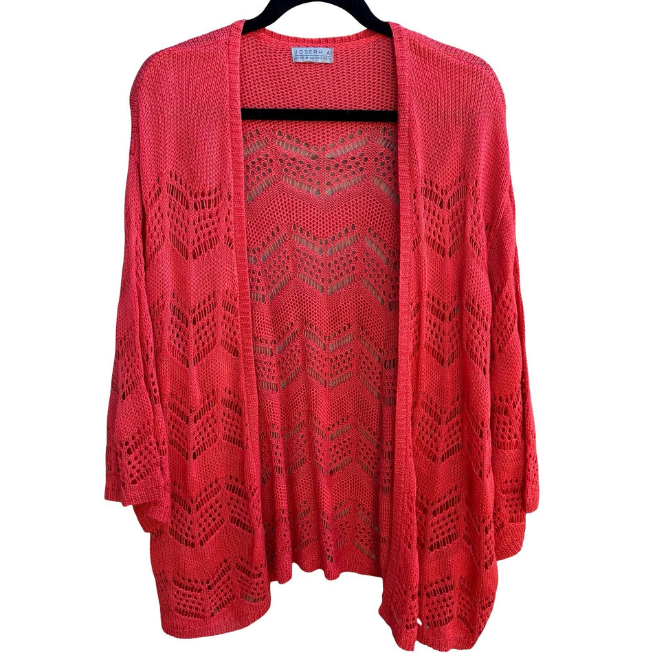 Joseph A Boho Coral Airy Crochet Chevron Open Knit Pointelle Cardigan Sweater L