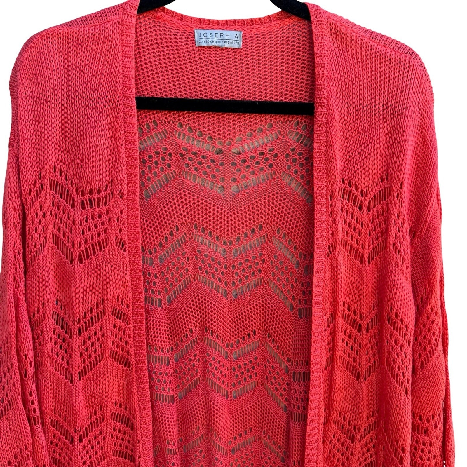 Joseph A Boho Coral Airy Crochet Chevron Open Knit Pointelle Cardigan Sweater L