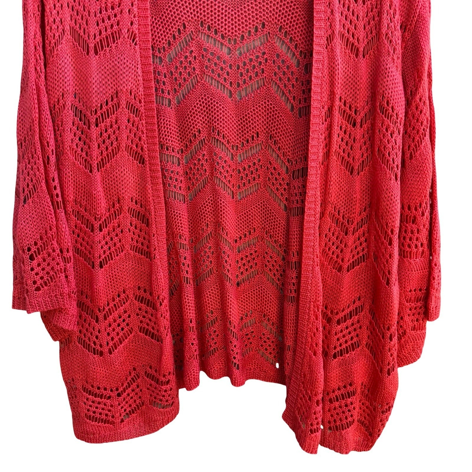 Joseph A Boho Coral Airy Crochet Chevron Open Knit Pointelle Cardigan Sweater L
