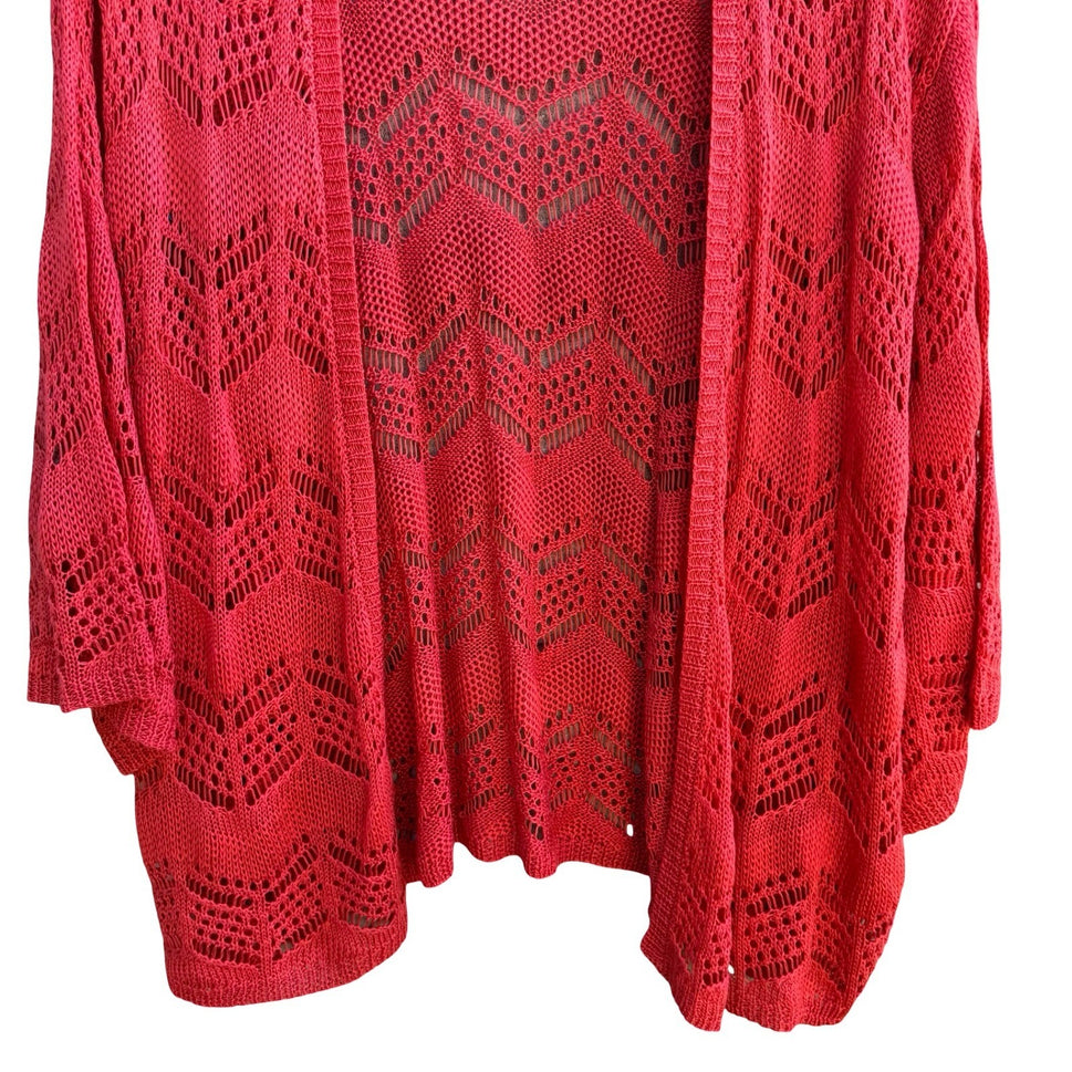 Joseph A Boho Coral Airy Crochet Chevron Open Knit Pointelle Cardigan Sweater L