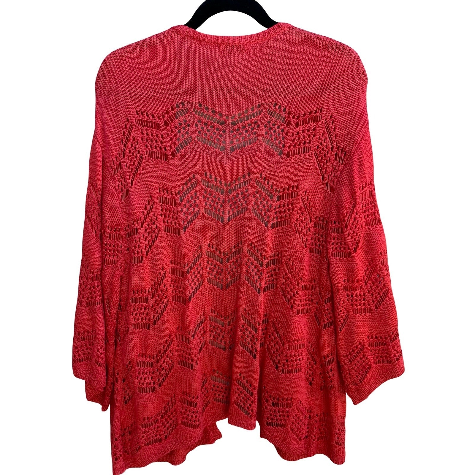 Joseph A Boho Coral Airy Crochet Chevron Open Knit Pointelle Cardigan Sweater L